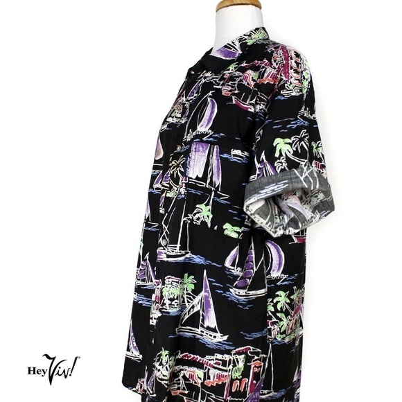Vintage Newport Blue Hawaiian Shirt Tropical Sail Boat Print Black XL - Hey Viv - Picture 3 of 7